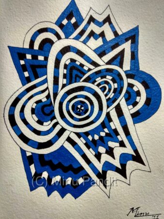 Abstract geometric artwork in blue, black, and white colors.