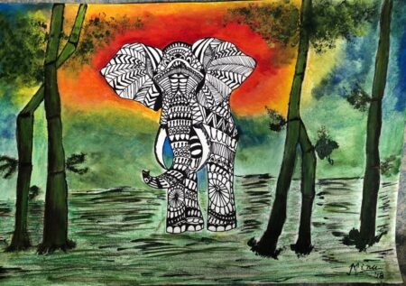 Colorful watercolor painting of an intricately patterned elephant in a forest setting.