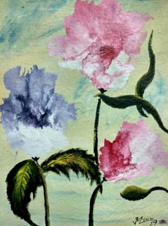 Watercolor painting of pink and purple flowers with green leaves and stems.