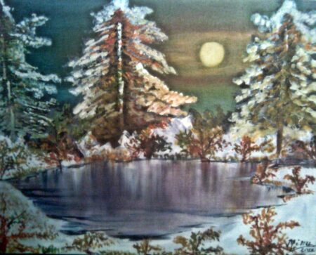 Serene winter landscape with snow-covered trees and a full moon over a lake.