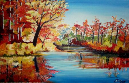 Autumn landscape painting of colorful trees reflected in a river.