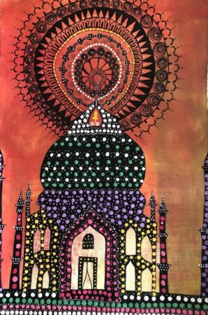 Colorful artistic depiction of a temple with intricate patterns and vibrant colors.