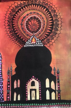 Colorful artistic depiction of a temple with intricate mandala design above.