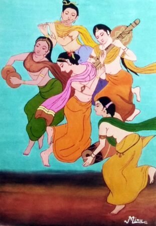 Traditional Indian dance painting with five women in colorful attire.