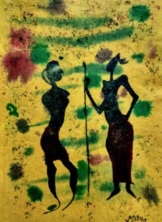 Silhouette of two women with traditional headgear and staff, vibrant background.