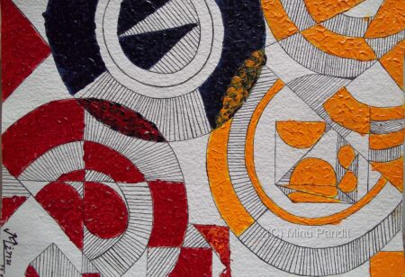Abstract geometric artwork with circular patterns in red, black, orange, and white.