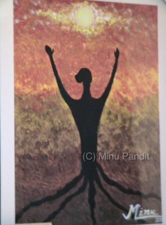 Silhouette of a person with raised arms and tree roots as legs against sunset background.