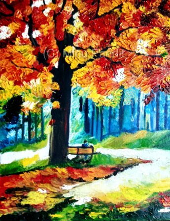 Colorful autumn landscape with a large tree and park bench.