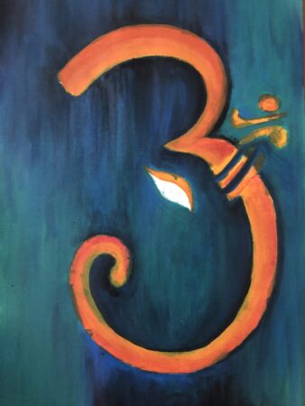 Abstract painting of a large orange number 3 with a small figure and a leaf.