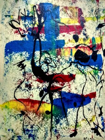 Abstract colorful artwork with black line drawings and splashes of blue, red, yellow, and green.