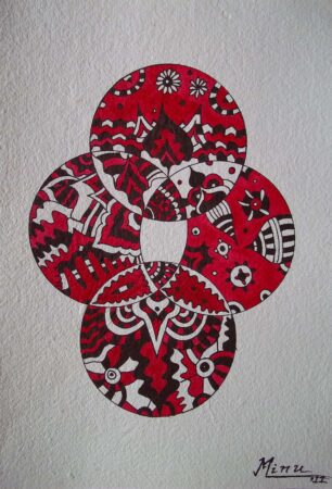 Colorful abstract artwork with red, black, and white patterns on five interconnected circles.