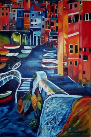 Colorful cityscape with boats and buildings in vibrant hues.