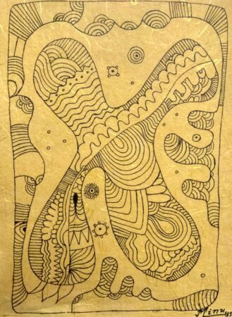 Abstract black and white doodle art with intricate patterns and shapes.