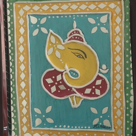 Colorful artistic depiction of Lord Ganesha with vibrant background.